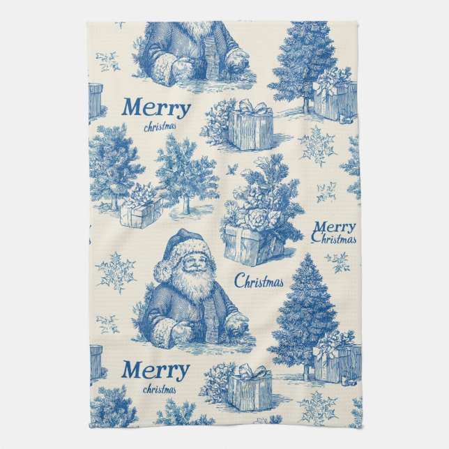 Vintage blå tomte jul Toile-mönster Kökshandduk (Vertikal)