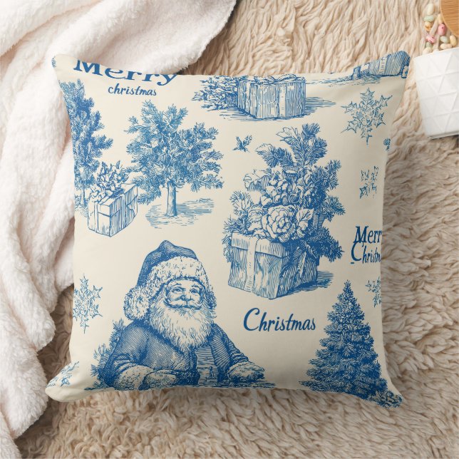 Vintage blå tomte jul Toile-mönster Kudde (Filt)