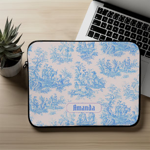 Vintage Blå Turkos Fransk Toile Jouy Monogram Laptop Fodral