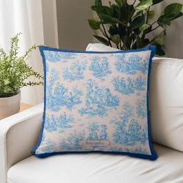 Vintage Blå Turkos Toile Blommig Monogram Kudde