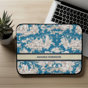 Vintage blå turkos toile de jouy monogram laptop fodral