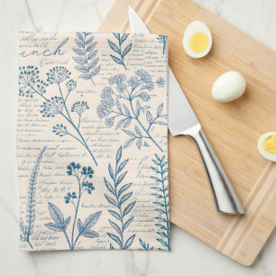 Vintage Blå Vildblomma Fransk Toile Mönster Kökshandduk