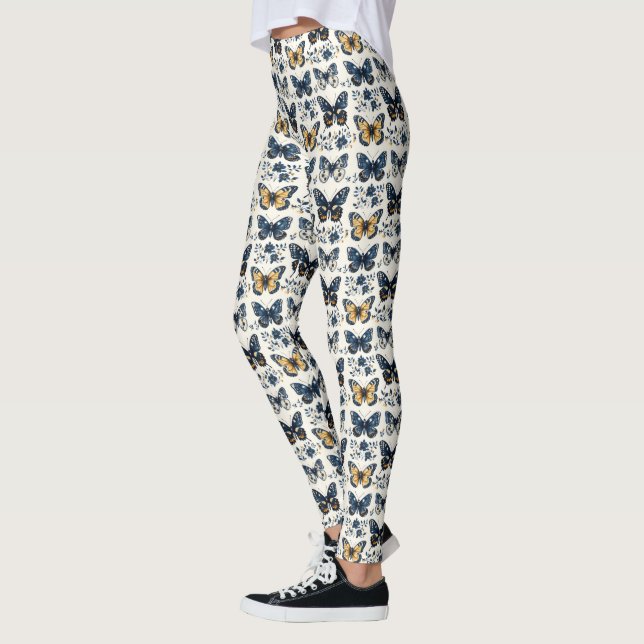 Vintage Blå Vit Delft Fjäril Botanisk Leggings (Vänster)