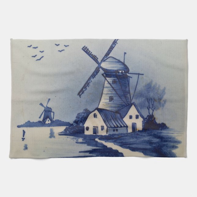 Vintage Blå Vit Delft Väderkvarn Kökshandduk (Horisontell)