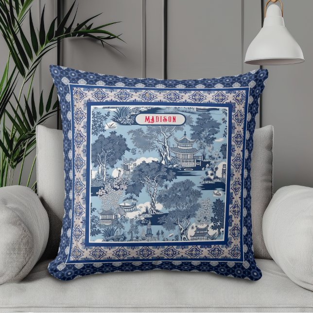Vintage Blå Vit Toile Chinoiserie Monogram Kudde (Skapare uppladdad)