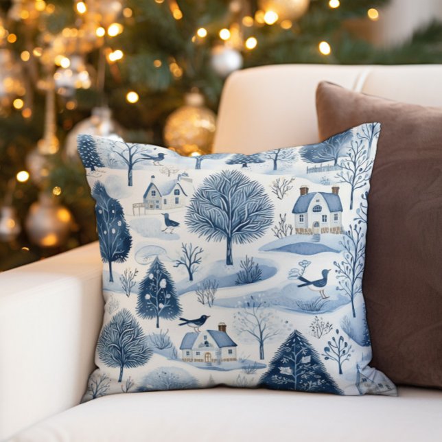 Vintage Blå Vit Vinterby  Kudde (Decorator pillow with an old vintage winter village covered in snow)