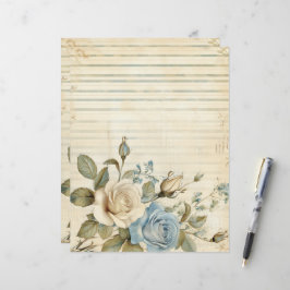 Vintage Blå Vita Rosor Junk Journal Papper