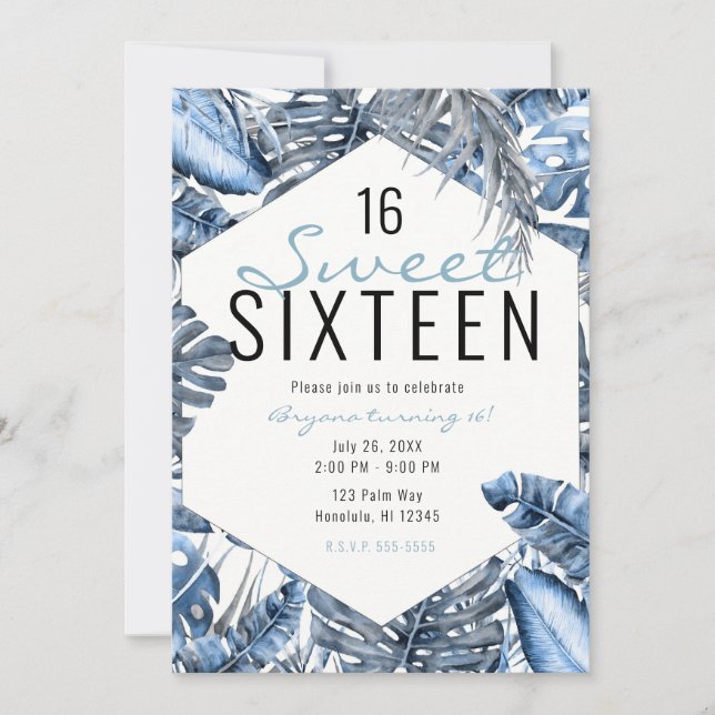 Vintage Blå & Vita Tropiska Palmblad Söta 16 Inbjudningar (Framsida)