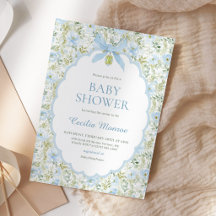 Vintage Blåa Blomsterband Babypojke Bebis Shower