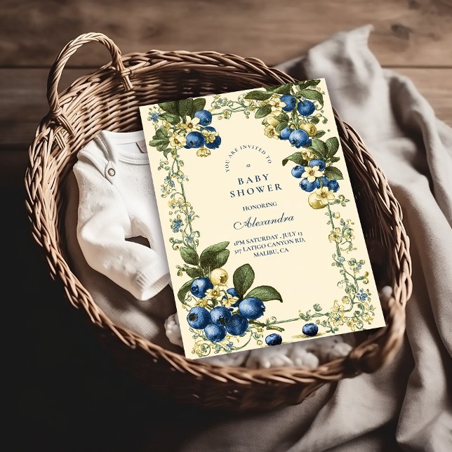 Vintage Blåbärs Botanisk Bebis Shower Inbjudningar (Skapare uppladdad)