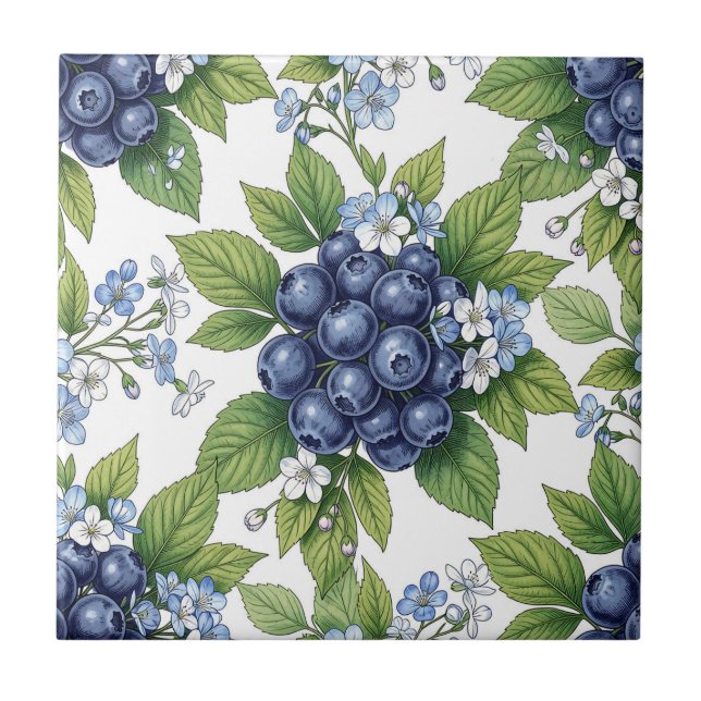 Vintage Blåbärsblomning Botaniskt Mönster Kakelplatta (Framsidan)