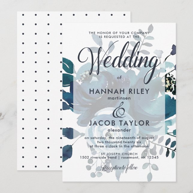 Vintage Blåblått Blommigt med punkter Bröllop Inbjudningar (Fram/baksida)