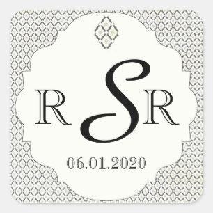 Vintage Black and Cream Diamond Bröllop Monogram Fyrkantigt Klistermärke