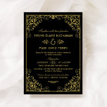 Vintage Black and Guld Art Deco Bröllop<br><div class="desc">Elegant och glamorösa konsthyrande bröllopsinbjudningar inspirerade av ornate vintage Gatsby stil och 20-talet. Kortdesignen har ett svart- och guld-färg-schema,  en dekorativ ram och mönster och en snyggt-typografi som kan vara helt personlig.</div>