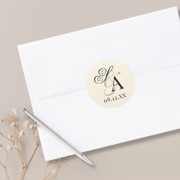 Vintage Black And Ivory Old Money Monogram Wedding Runt Klistermärke