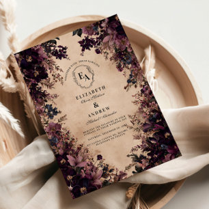 Vintage Black and Violet Blommigt Bröllop Inbjudningar