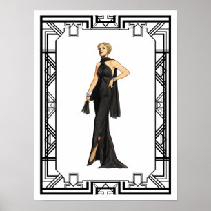 Vintage Black and White 1930-talets Silke Gown Mod Poster