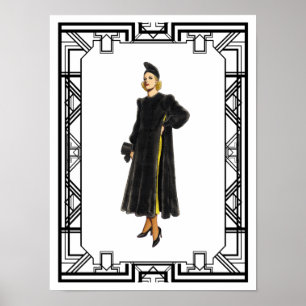 Vintage Black and White 1930s Päls Jackar Mode Poster
