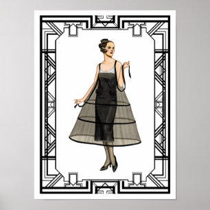 Vintage Black and White Flapper Evening Gown Poster