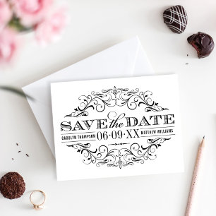 Vintage Black and White Flourish Bröllop Spara Datumet