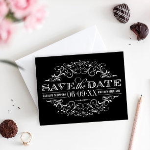 Vintage Black and White Flourish Bröllop Spara Datumet