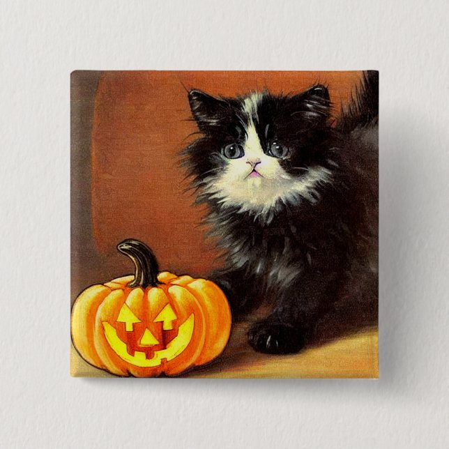 Vintage Black and White Halloween Kitten Knapp (Framsida)
