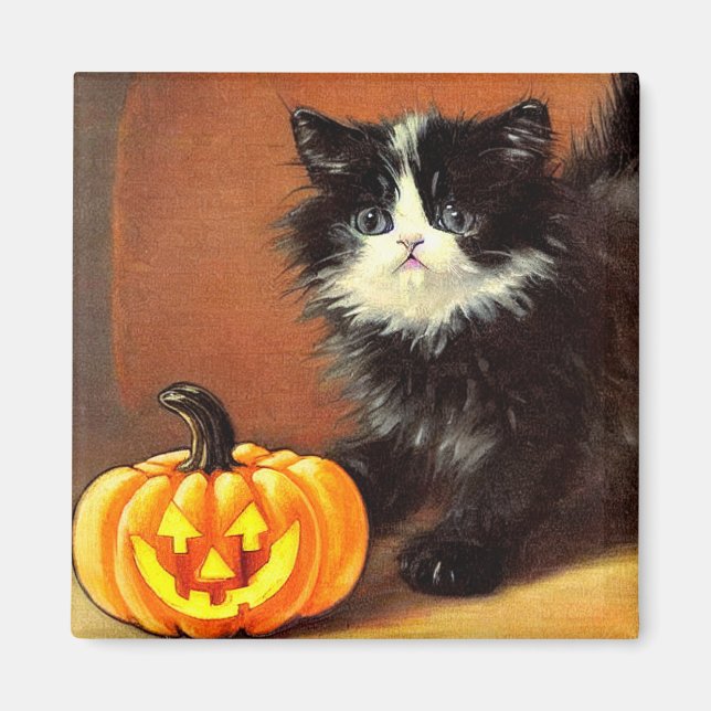 Vintage Black and White Halloween Kitten Magnet (Framsidan)
