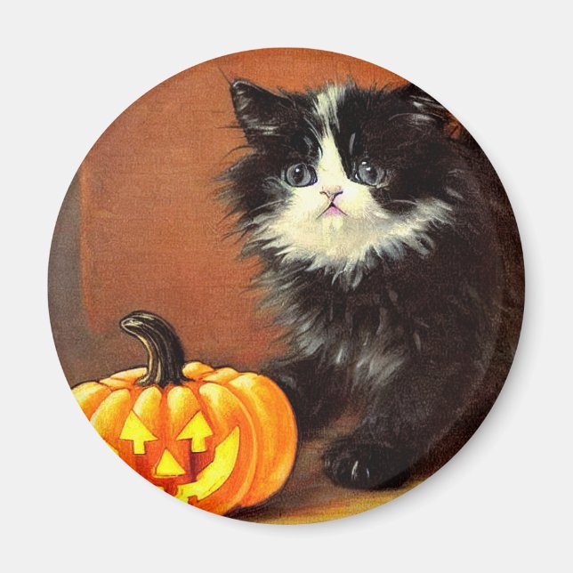 Vintage Black and White Halloween Kitten Magnet (Framsidan)