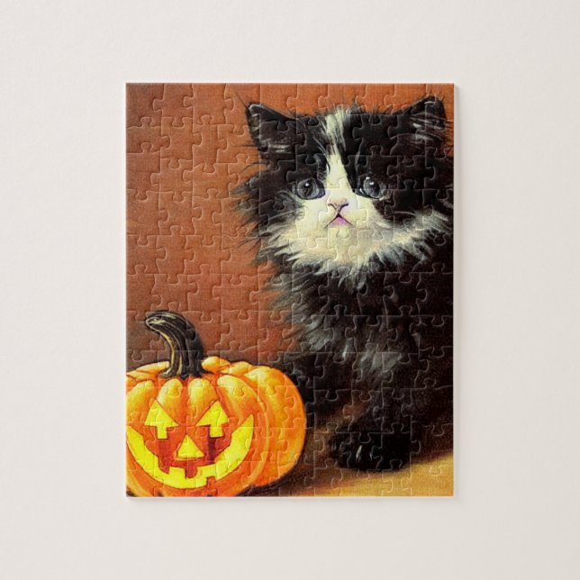 Vintage Black and White Halloween Kitten Pussel (Vertikal)