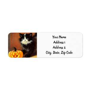 Vintage Black and White Halloween Kitten Returadress Etikett