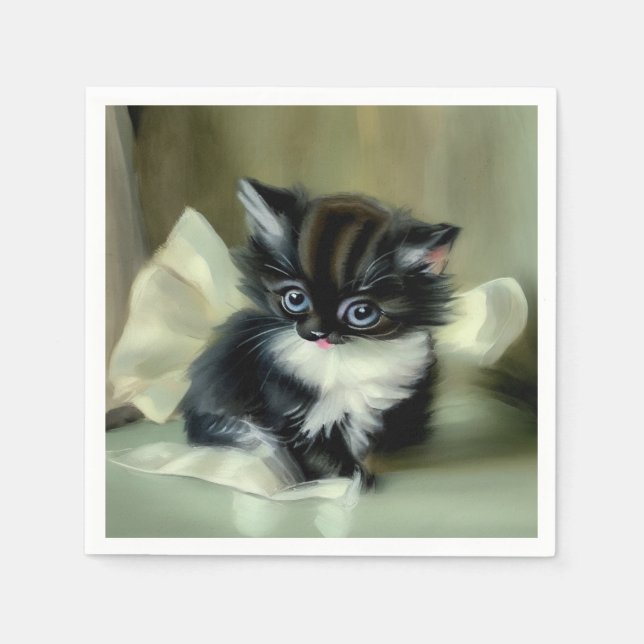 Vintage Black and White Kitten Tunga Stickout Pappersservett (Framsidan)