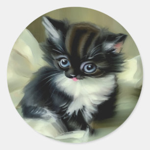 Vintage Black and White Kitten Tunga Stickout Runt Klistermärke