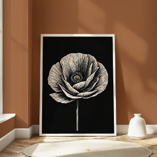 Vintage Black and White Poppy Flower Art Poster