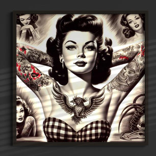 Vintage Black and White Tattooed Pin-up Teckning Poster