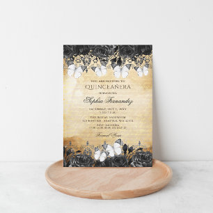 Vintage Black Blommigt Butterfly Quinceañera Inbjudningar