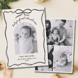 Vintage Black Bow Baby 1st Julafton Family Photo Julkort