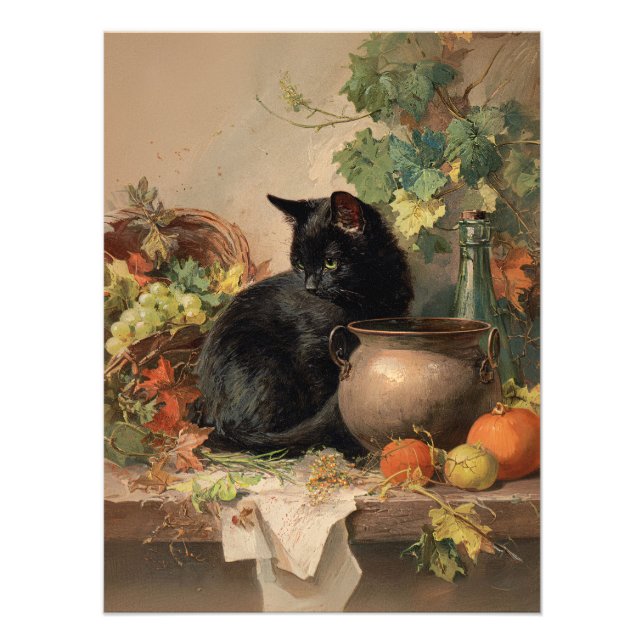Vintage Black Cat Amid Autumn Fruits Fototryck (Framsidan)