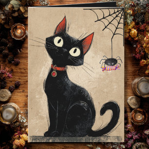 Vintage Black Cat Cute Spider Gothic Halloween Kort