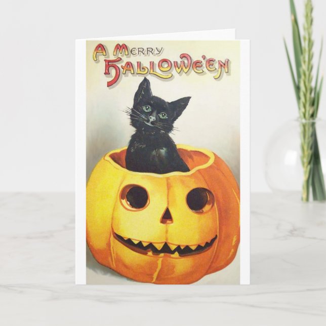 Vintage Black Cat Halloween-hälsningskort Kort (Framsida)