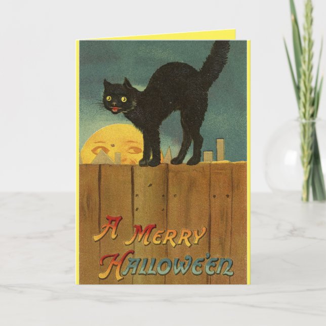 Vintage Black Cat Halloween Kort (Framsida)