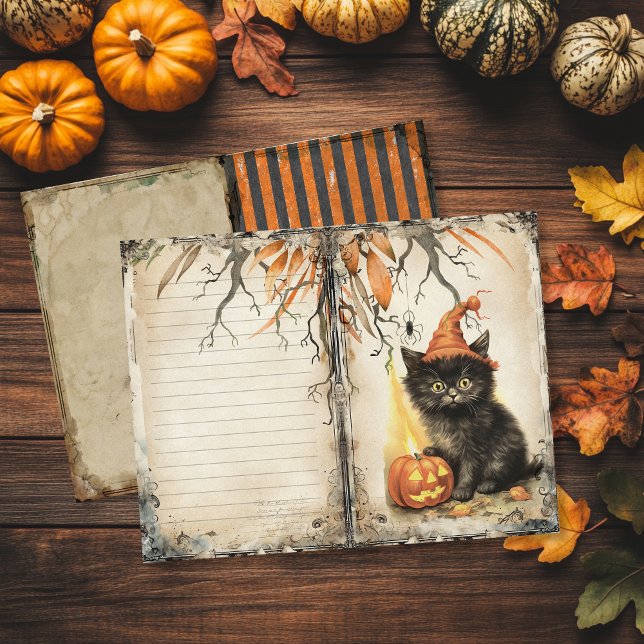 Vintage Black Cat Halloween-segmentsida Journal (Vintage Halloween Junk Journal Page with black cat.)