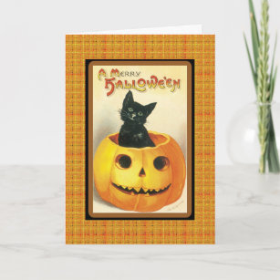Vintage Black Cat i Pumpkin Merry Halloween Card Kort