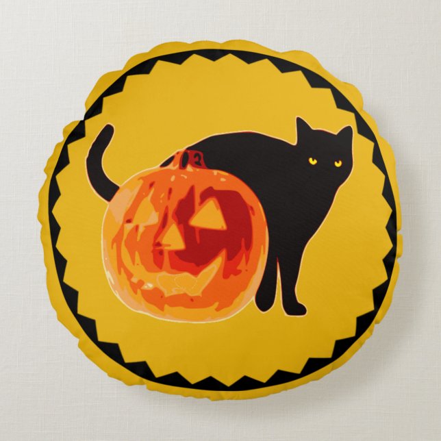 Vintage Black Cat & Jack-O'-Lantern Rund Kudde (Framsidan)