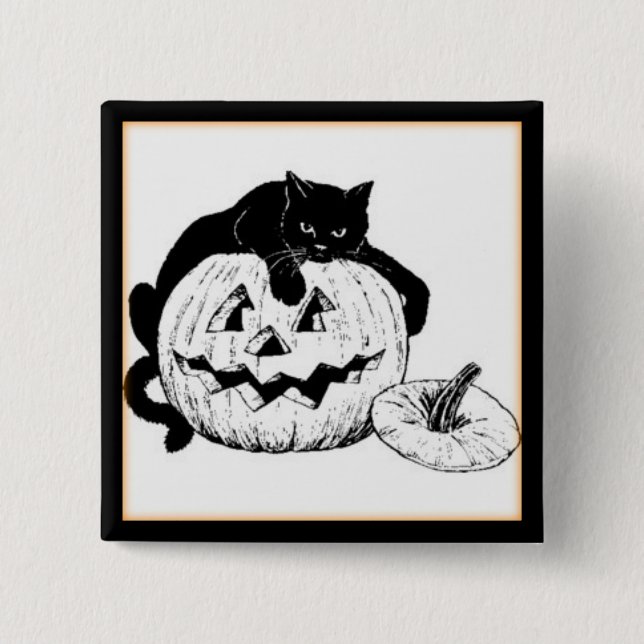 Vintage Black Cat & Jack O'Lantern Halloween Knapp (Framsida)
