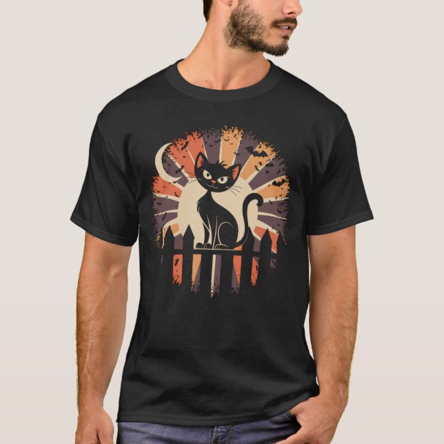 Vintage Black Cat med Crescent Måne T Shirt (Framsida)