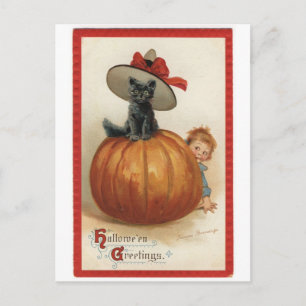 Vintage Black Cat med Witch Hat Vykort