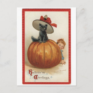Vintage Black Cat med Witch Hat Vykort