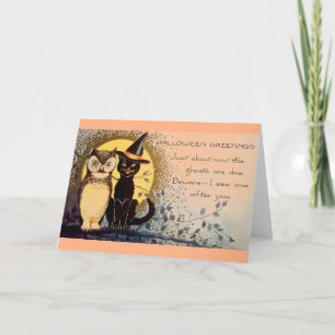 Vintage Black Cat och Uggla Halloween Greeting Car Kort