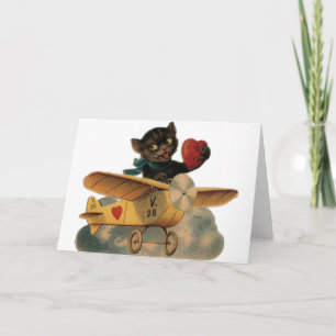 Vintage Black Cat Pilot Valentine Day Card Helgkort