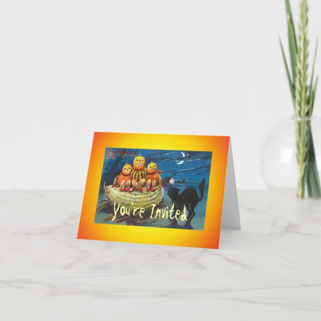 Vintage Black Cat Pumpkin Inbjudan Card (Framsida)